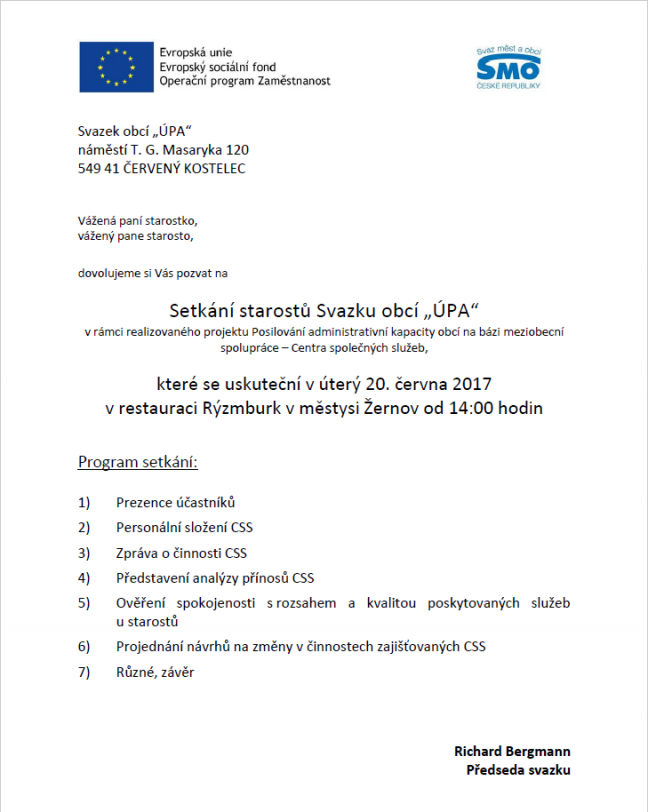 Pozvánka na 3. setkání starostů k Centru společných služeb